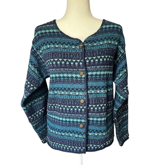 Vintage Nordic Fair Isle Blue Button-Front Sweater Small - Picture 1 of 5